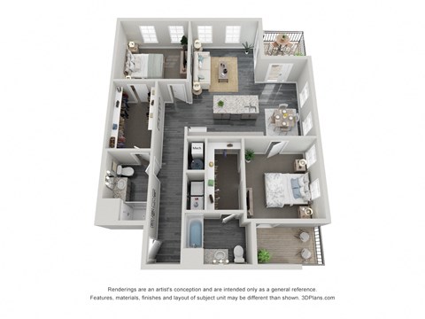 Floor plan for 2 beds, 2 baths, 1293 sqft
